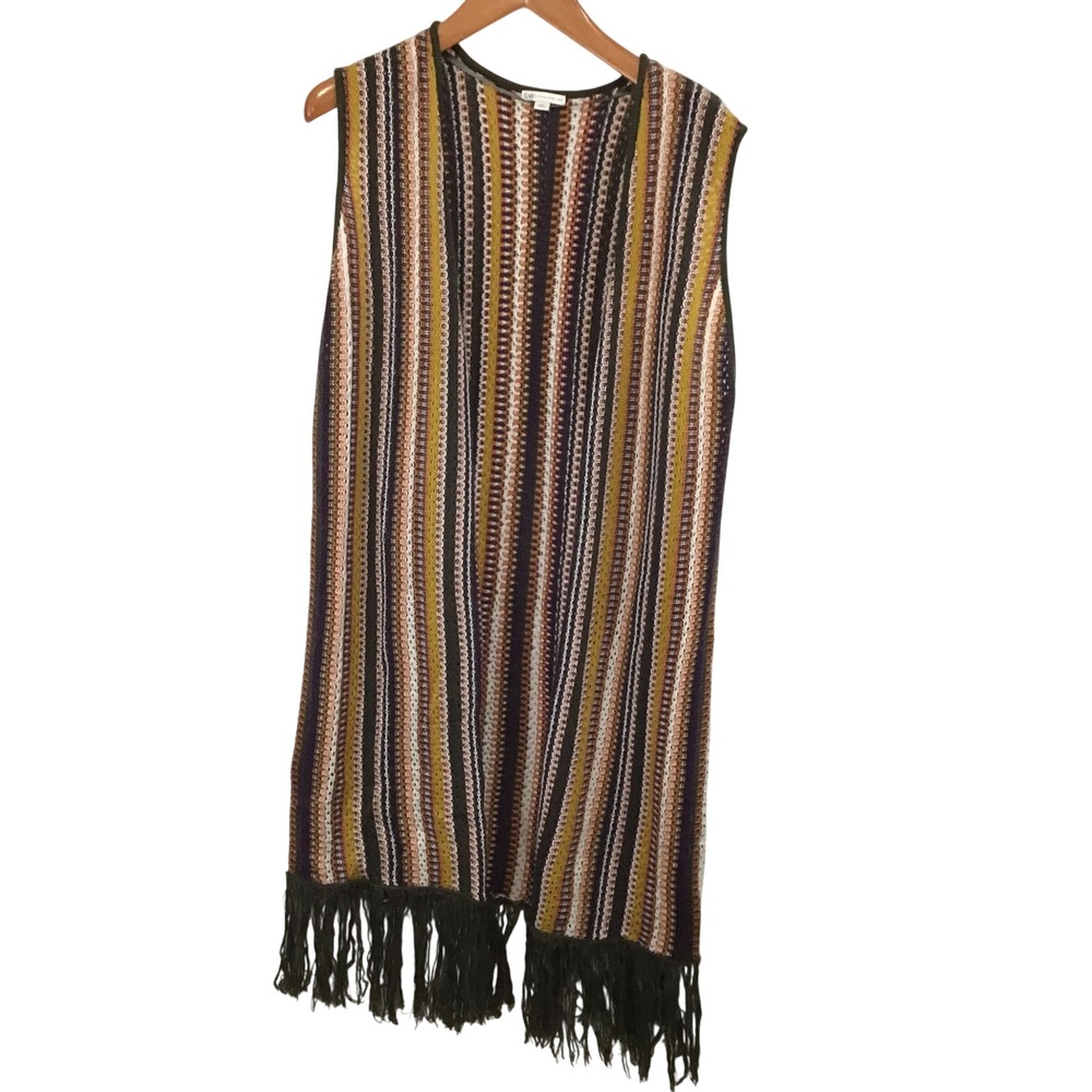 Cato‎ Womens XL Longline Knit Vest Multi Color Vertical Stripe Fringe Boho Open